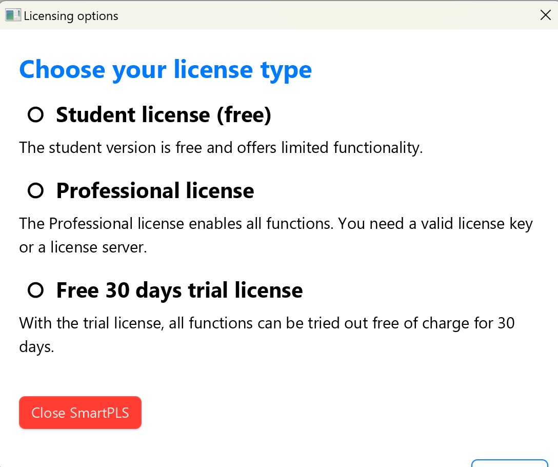 SmartPLS 许可证激活对话框