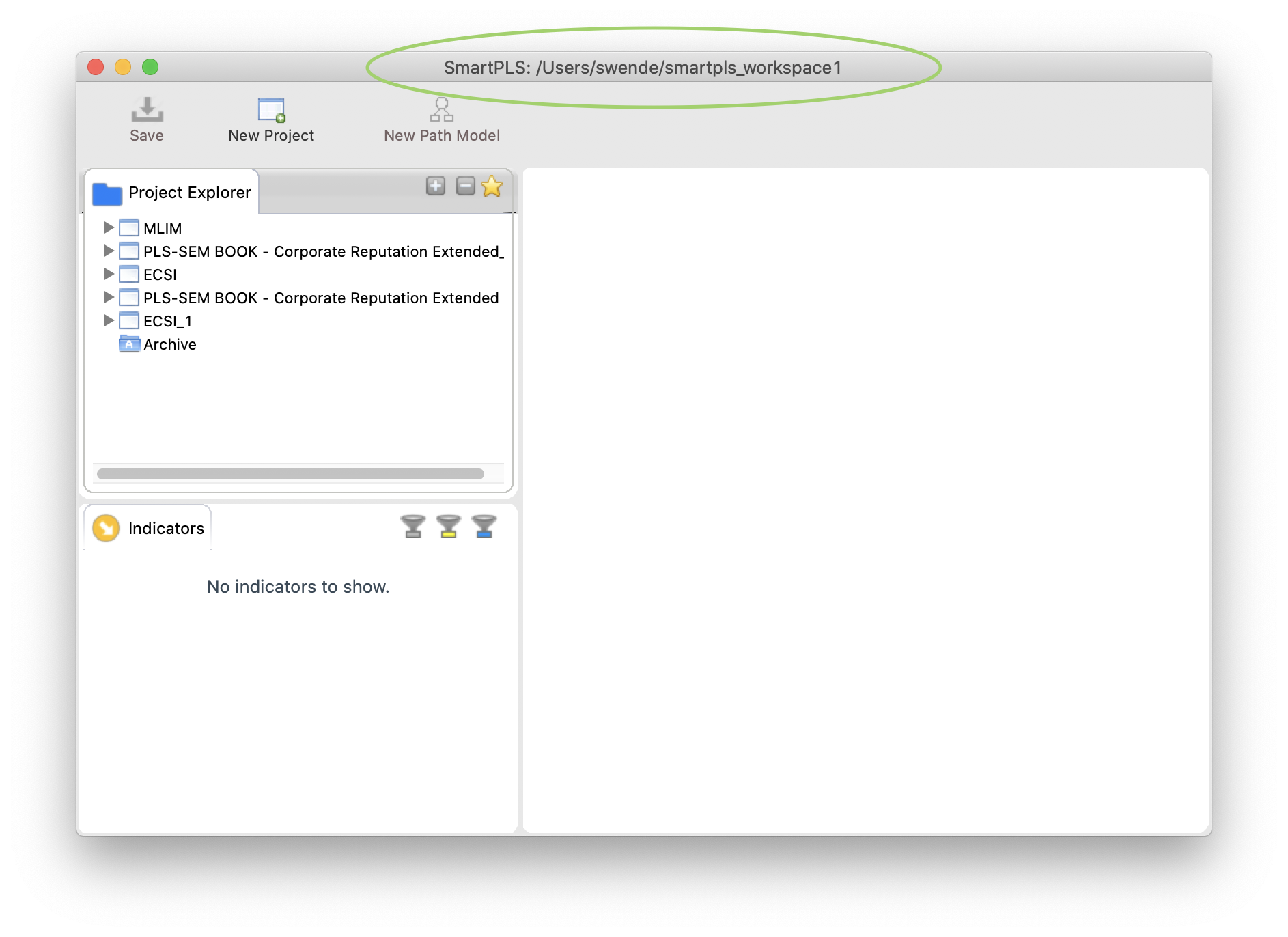 SmartPLS 标题栏中的工作空间位置
